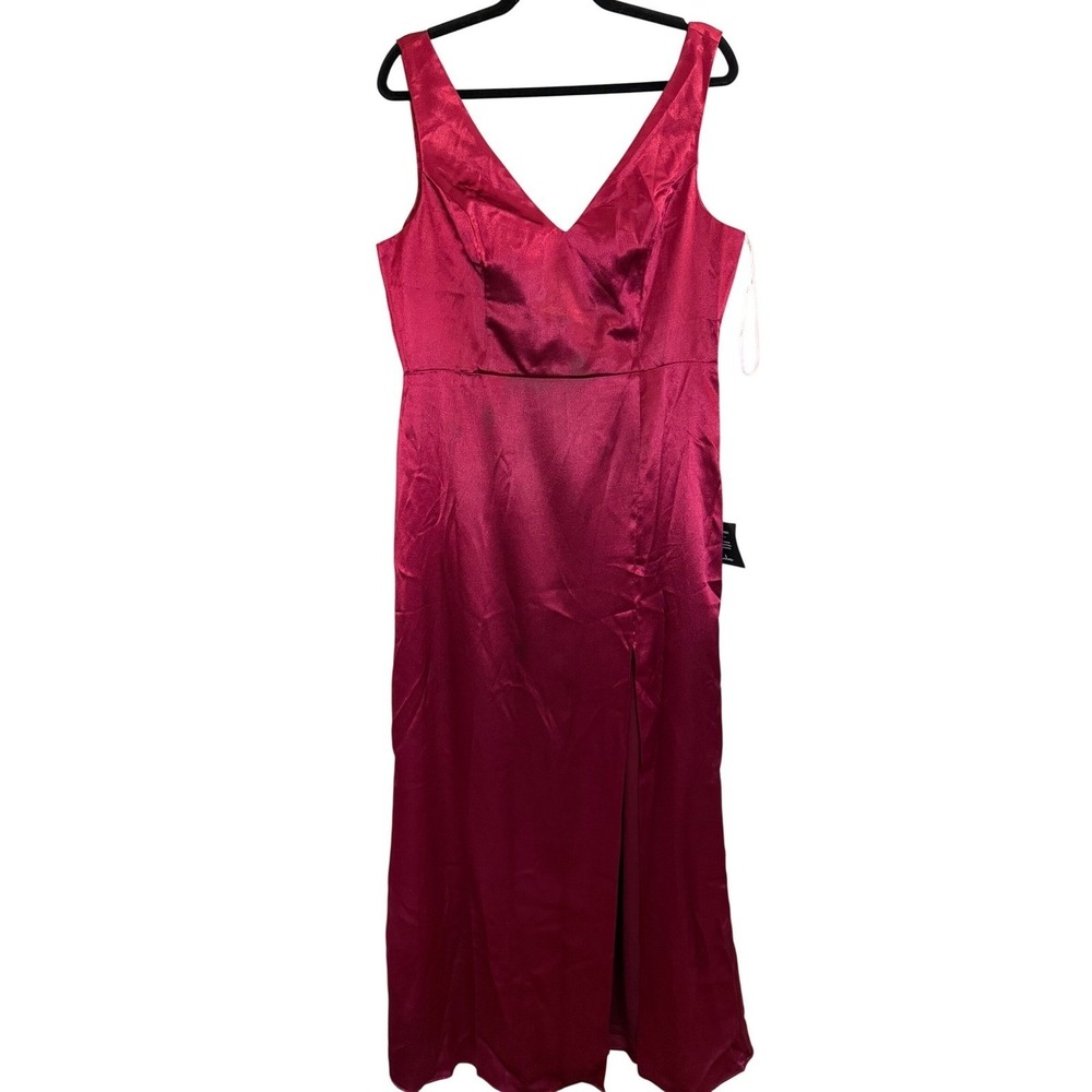 Lulus‎ Magenta Pink Satin V-Neck Tie-Back Maxi Dress XL Sleeveless Slit Formal